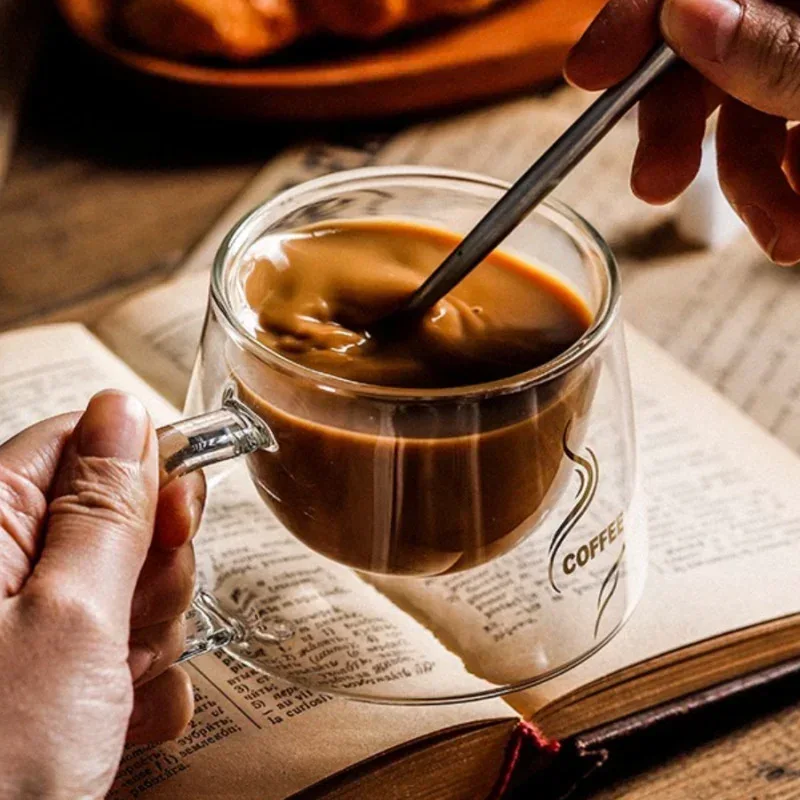 200ML Transparent Heat-resistant Espresso Cup Double Wall Glass Coffee Mug with Handle Cappuccino Latte Breakfast Tea Water Cups