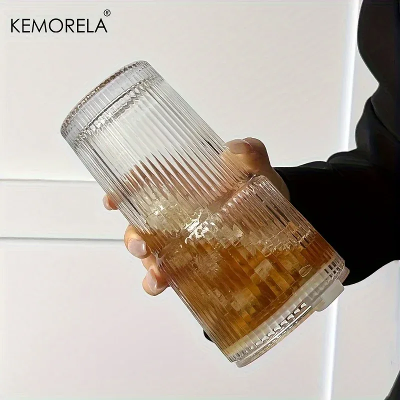 600ML Stripe Glass Coffee Cup With Lid and Without Cover Straw Transparent Drinking Glasses for Juice Iced Coffee Mugs Drinkware
