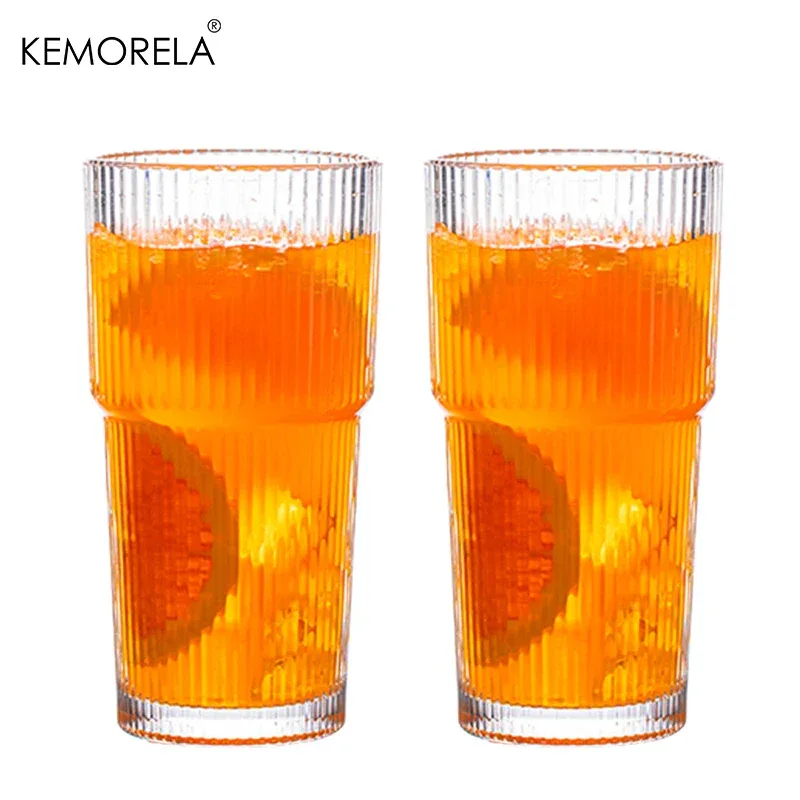 600ML Stripe Glass Coffee Cup With Lid and Without Cover Straw Transparent Drinking Glasses for Juice Iced Coffee Mugs Drinkware