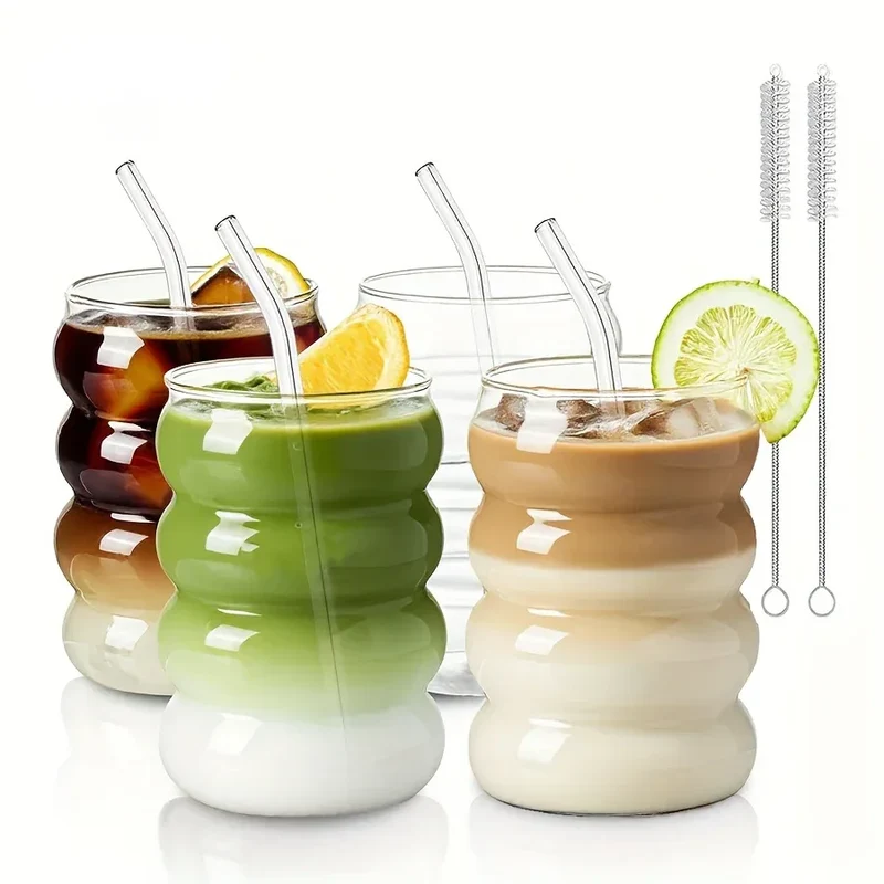 2 High Borosilicate Glass Coffee Cups 350ML/11.8oz with Straw and Brush, Vintage Ripple Design, Transparent Aesthetic Drinkware