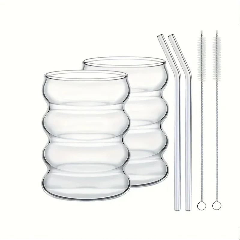 2 High Borosilicate Glass Coffee Cups 350ML/11.8oz with Straw and Brush, Vintage Ripple Design, Transparent Aesthetic Drinkware