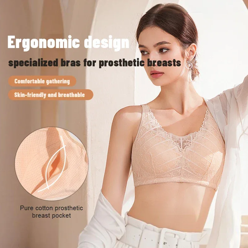 LERVANLA 2566 Strong Breathability Mastectomy Bra Women with Pocket Breast Form Pads Included Adjustable Cotton Comfort Large