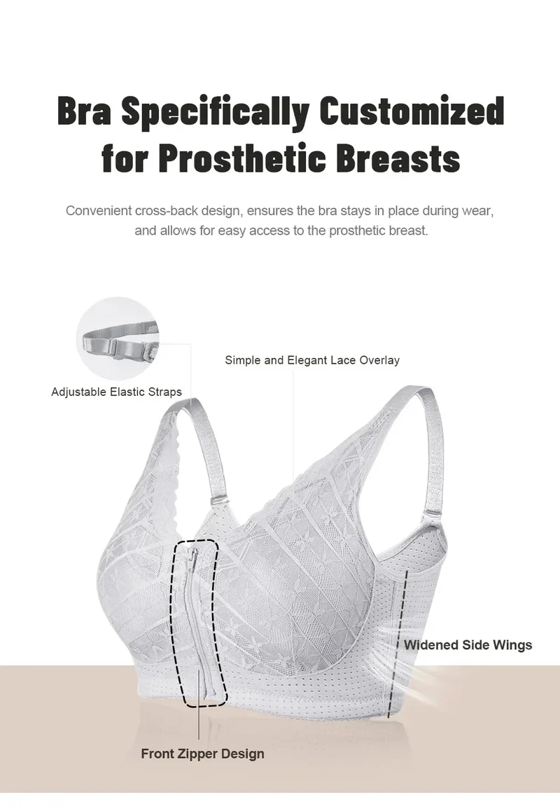 LERVANLA 2566 Strong Breathability Mastectomy Bra Women with Pocket Breast Form Pads Included Adjustable Cotton Comfort Large