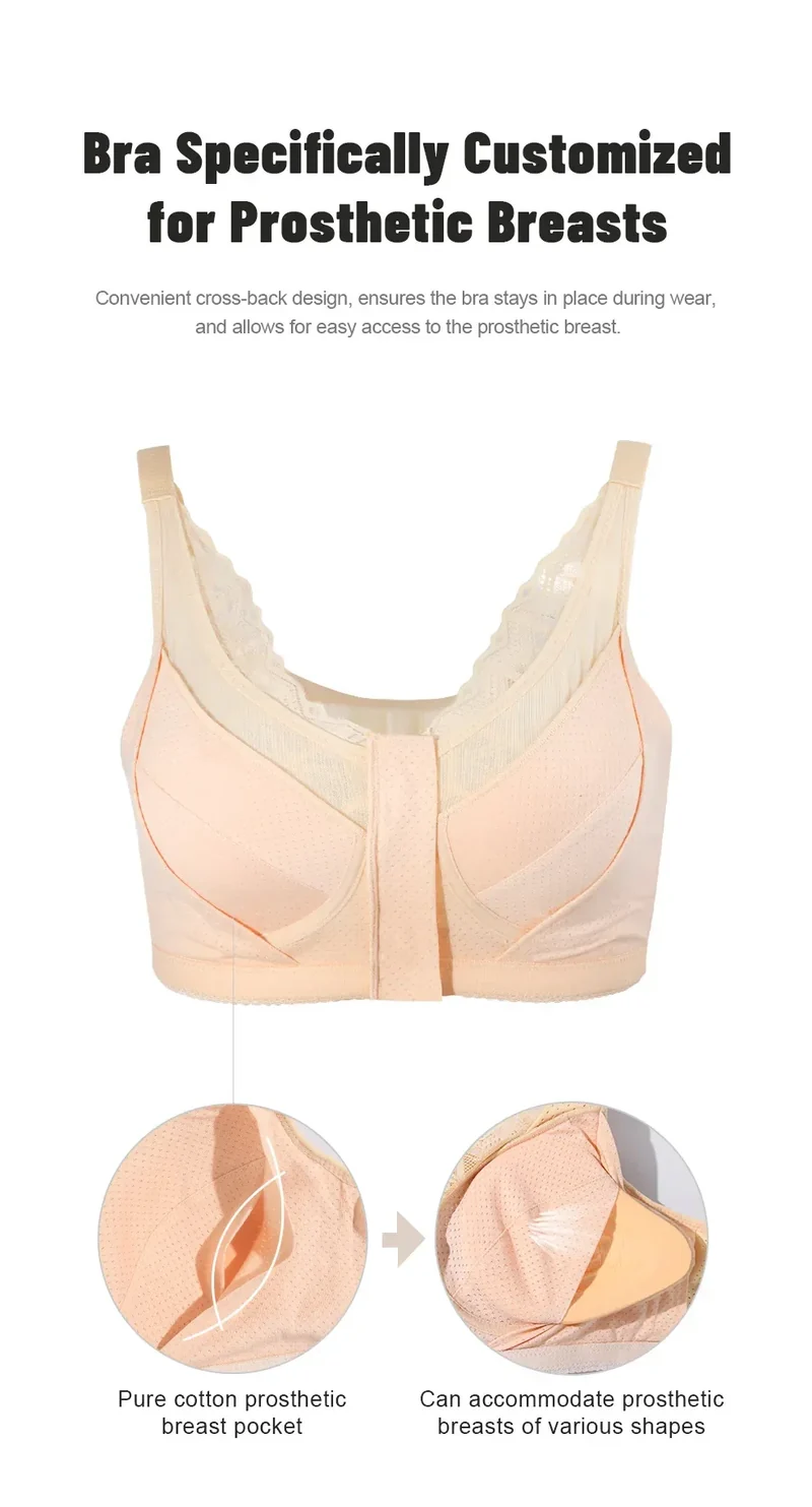 LERVANLA 2566 Strong Breathability Mastectomy Bra Women with Pocket Breast Form Pads Included Adjustable Cotton Comfort Large