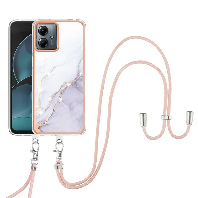 Shockproof Mobile Phone Case for Motorola Moto G14 G54 G84 IMD Marble Shell Cover Lanyard