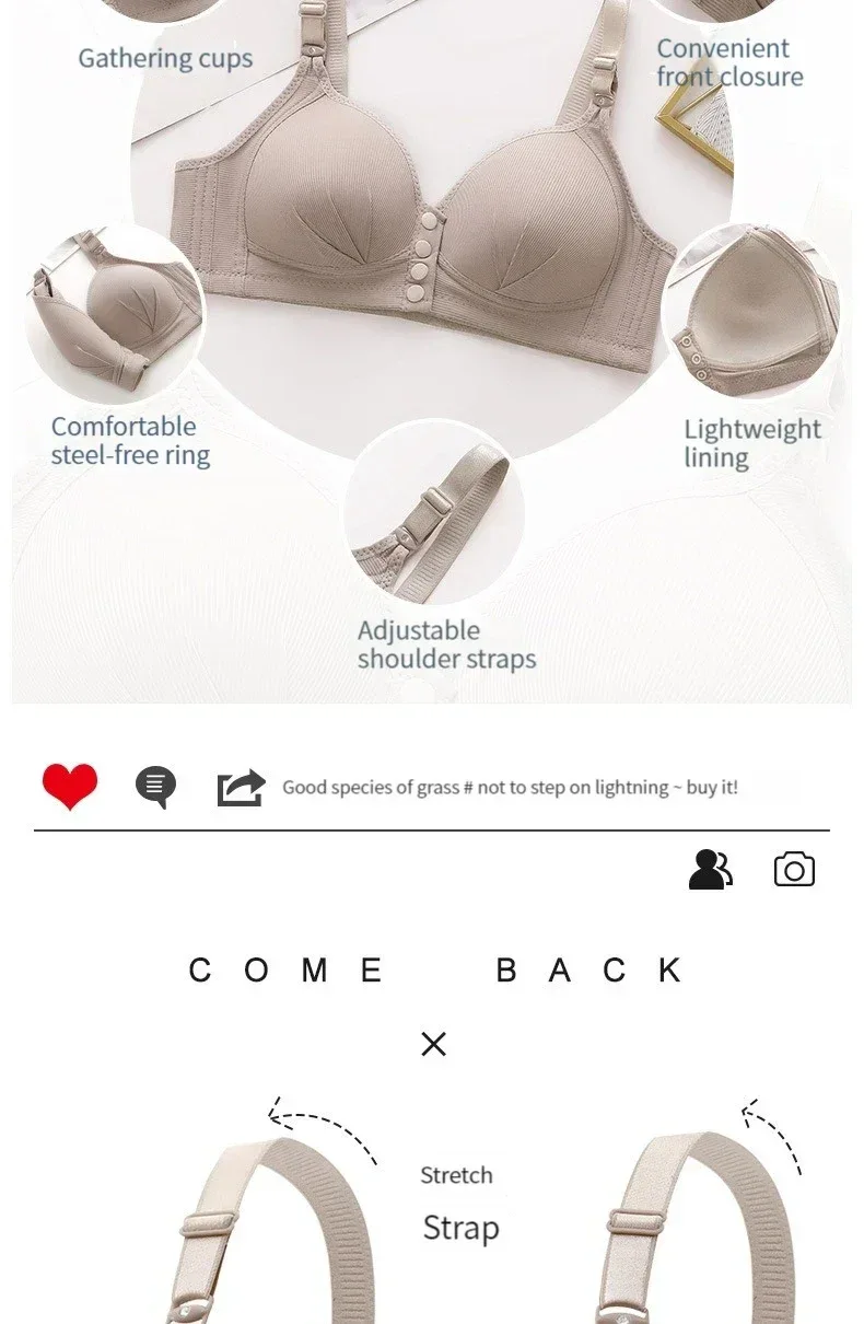 Front button bra underwear no underwire breathable comfortable traceless invisible hollow print adjustable@G102