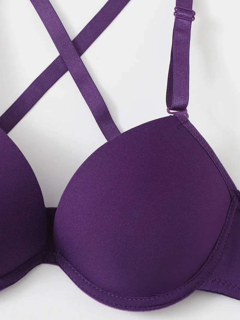 Purple strip steel support brassiere sexy cross back bra women's underwear detachable shoulder straps A2122