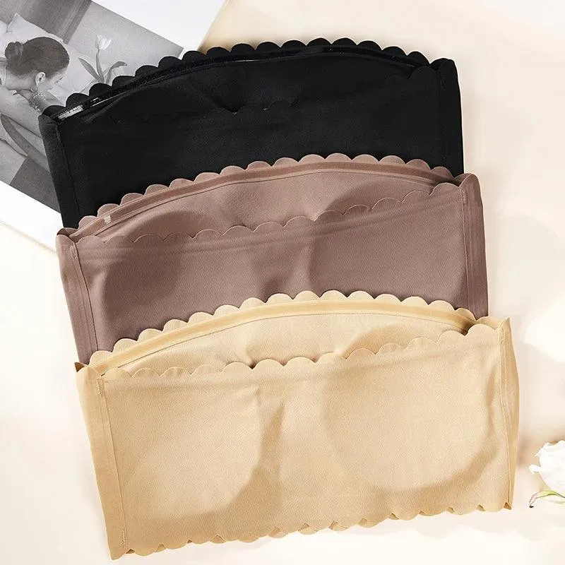 Hot Sale New Design Effective Slip-proof Scallop Side One Piece Bralette Padded Ice Silk Seamless Strapless Bra For Women