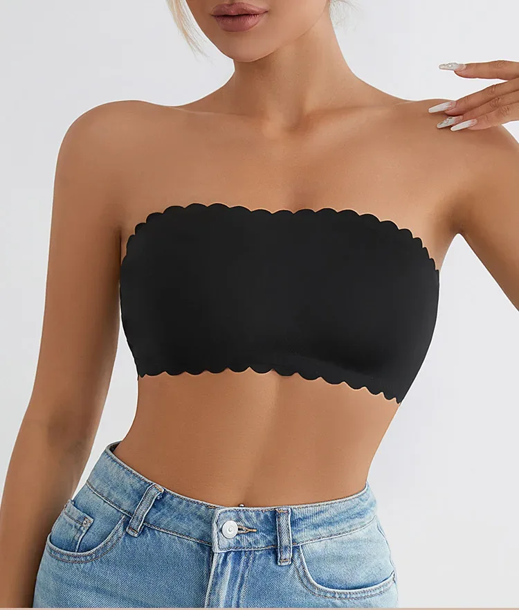 Hot Sale New Design Effective Slip-proof Scallop Side One Piece Bralette Padded Ice Silk Seamless Strapless Bra For Women