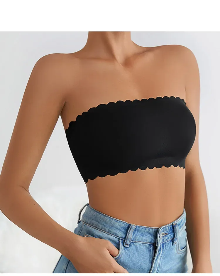 Hot Sale New Design Effective Slip-proof Scallop Side One Piece Bralette Padded Ice Silk Seamless Strapless Bra For Women
