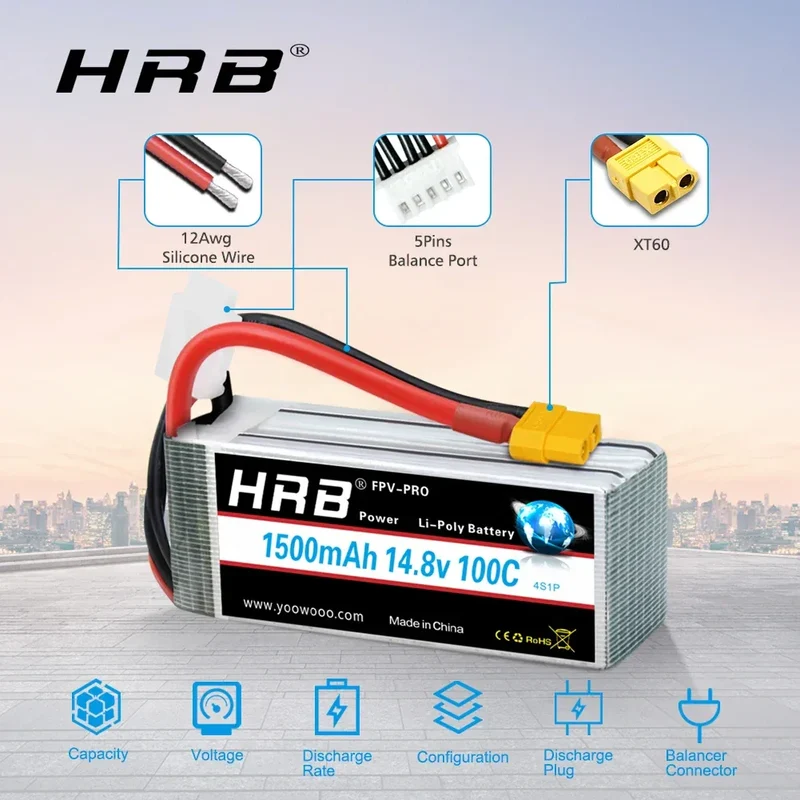 HRB 14.8V 1500mah Lipo 4S 100C RC Battery with XT60 Connector for RC Airplane fpv drones rc car truck tack RC Boat