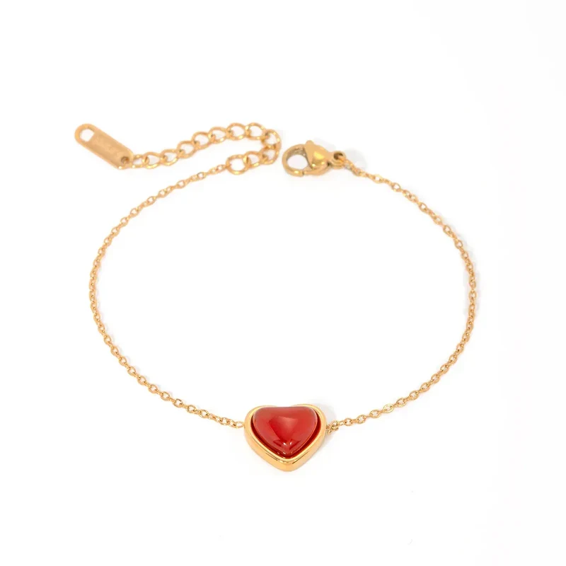 Youthway Stainless Steel Inlaid Red Agate Heart Bracelet for Women's Romantic Fashion Jewelry Valentine's Day Gift