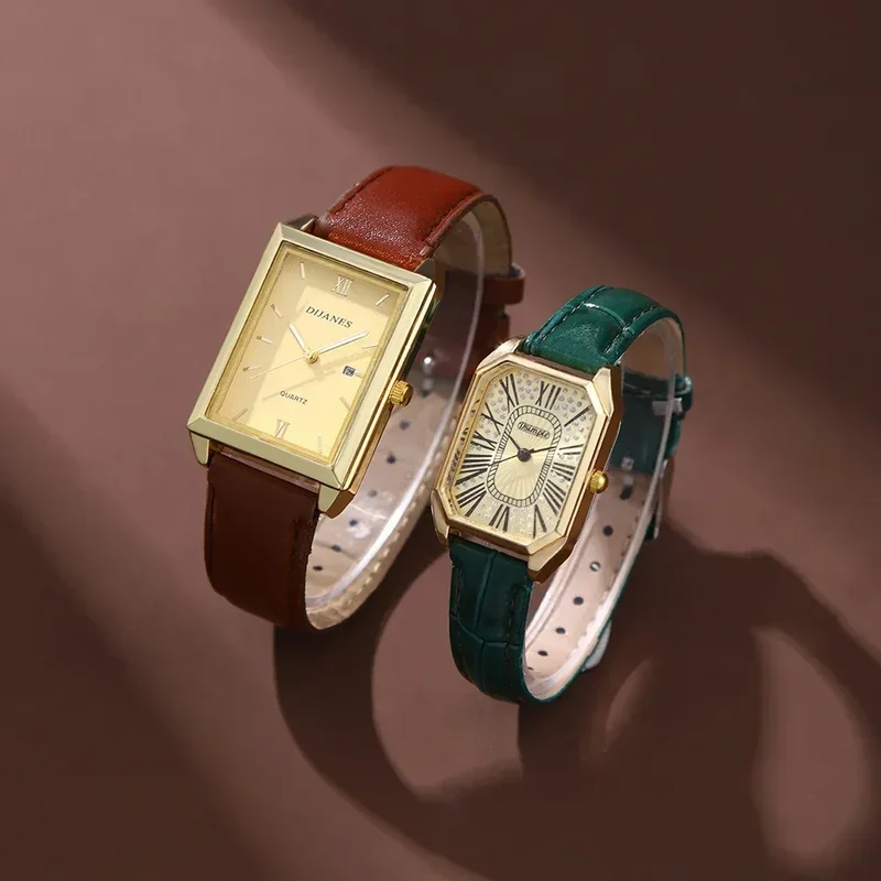 2pcs/set Square Couple's Watch, PU Leather Strap, Quartz Movement | Gifts for Men or Women | Valentine's Day Gifts