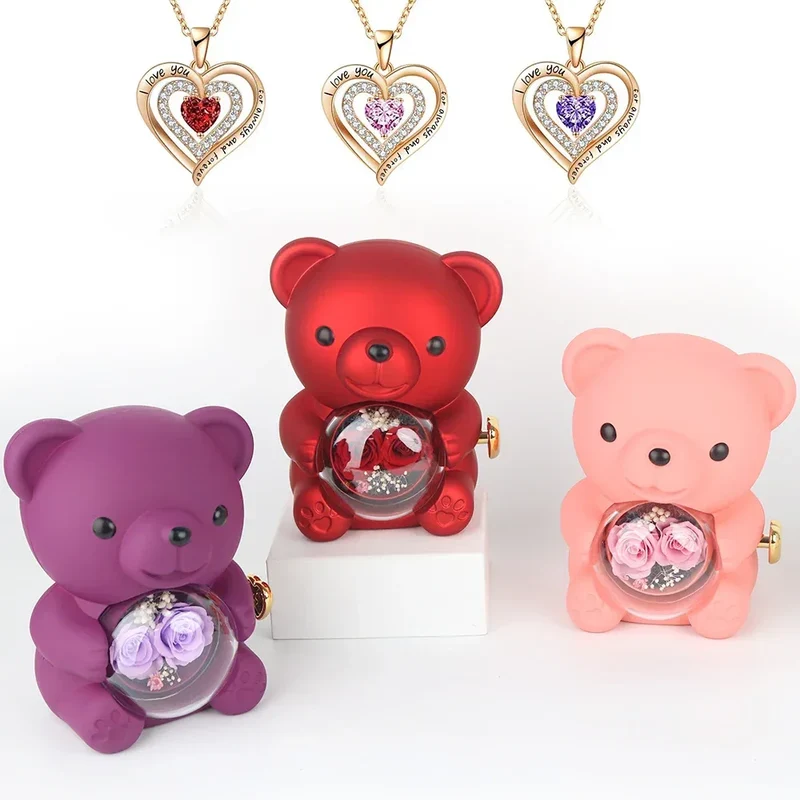 Cute Teddy Bear Design Jewelry Box for Girlfriend, Wife, Mother's Day, Birthday, Valentine's Day Surprise Heart Necklace