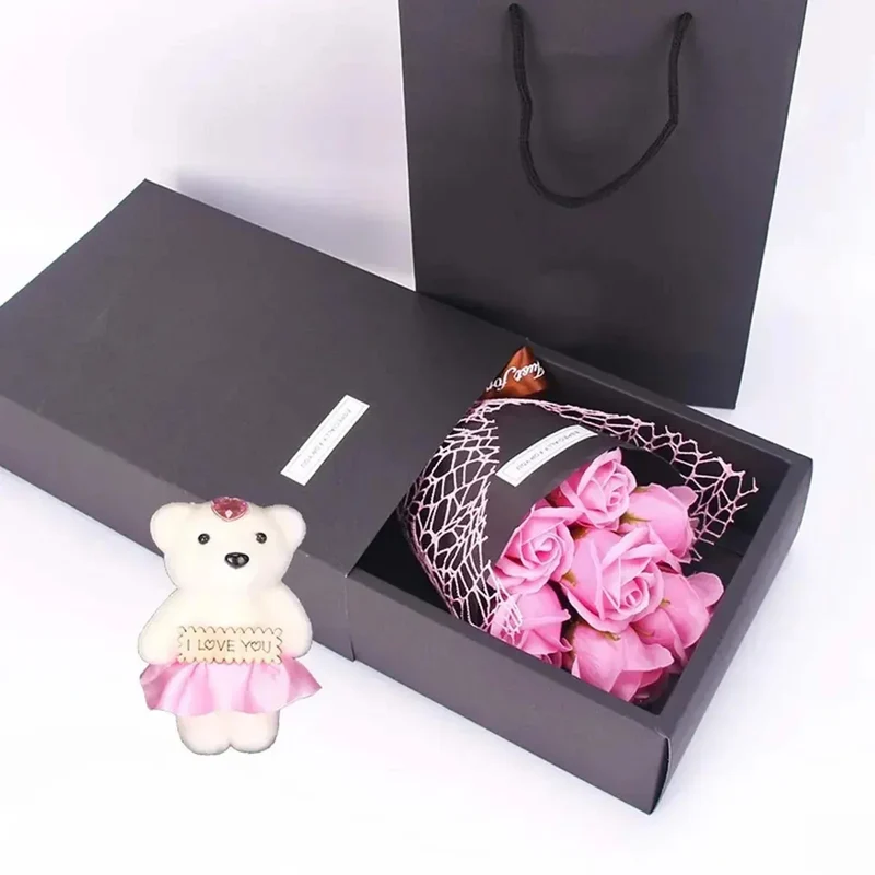 Valentine's Day Artificial Flowers 7 Rose Soap Bouquet Gift Box Teddy Bear Flower Creative Valentine's Day Gift Home Decor