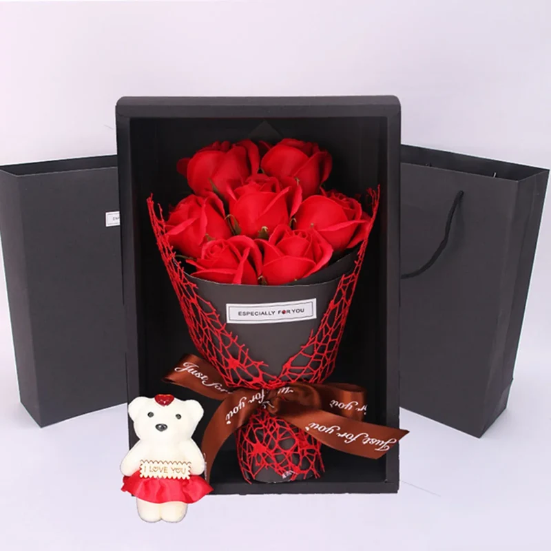 Valentine's Day Artificial Flowers 7 Rose Soap Bouquet Gift Box Teddy Bear Flower Creative Valentine's Day Gift Home Decor