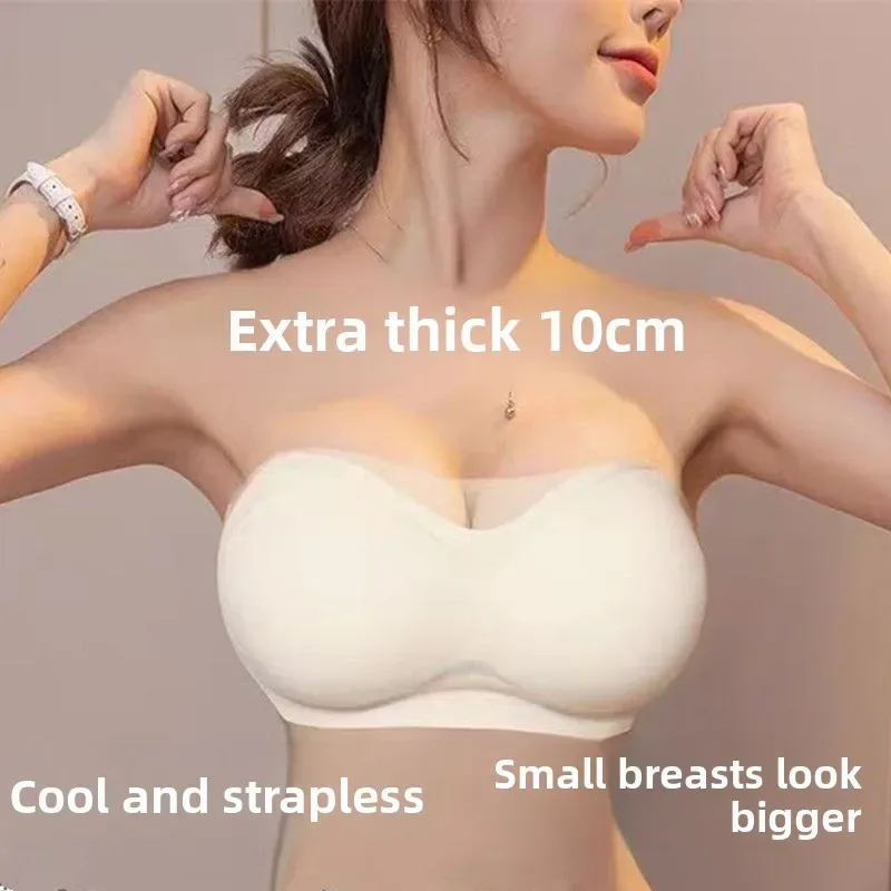 10CM Extra Thick Cooling Seamless Strapless Bra Push Up Tube Top for Small Chest, Anti-Slip Lift, Anti-Sagging Invisible Bra