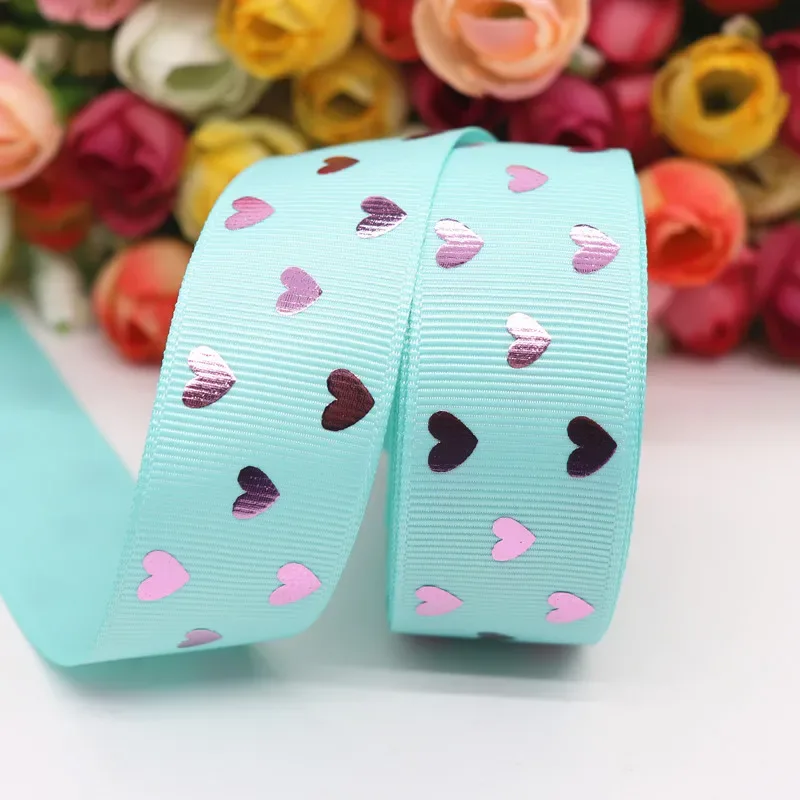 5 Yards 1" 25MM Valentine's Day Pink Gold Heart-Shaped Printed Ribbon For Hair Bows DIY Crafts Handmade Accessories M20012103