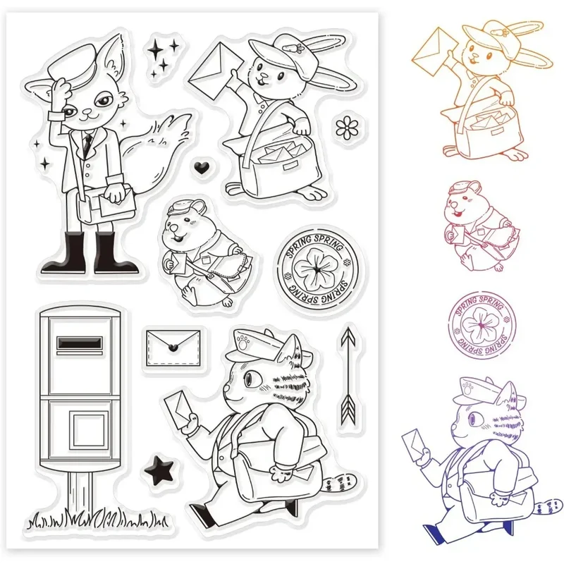 Animal Postman Silicone Clear Stamps Fox Hamster Rabbit Cat Transparent Stamps for Birthday Valentine's Day Cards Making DIY