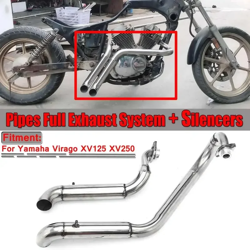 Motorcycle Long Exhaust Muffler Pipe Full System + Silencer for Yamaha Virago XV125 XV250 Moto Stainless Steel Exhaust Pipes