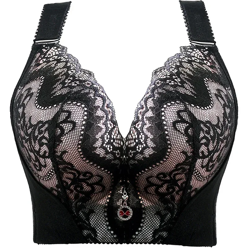 Plus Size Push Up Bra Sexy Lace Underwire - Full Coverage Lingerie for Curvy Women, Wide Side Wings & Thin Cup Support Big Bust