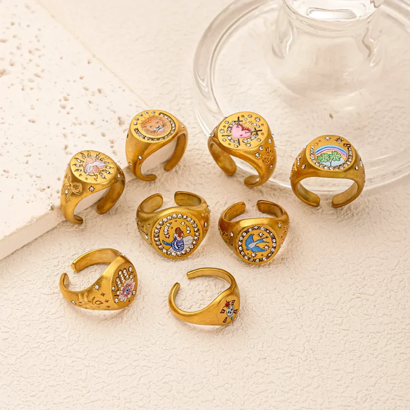 Stainless steel fashionable and popular Valentine's Day lion mermaid love painted ring with gold plating and color preservation