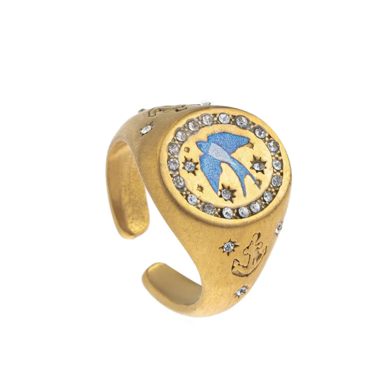 Stainless steel fashionable and popular Valentine's Day lion mermaid love painted ring with gold plating and color preservation