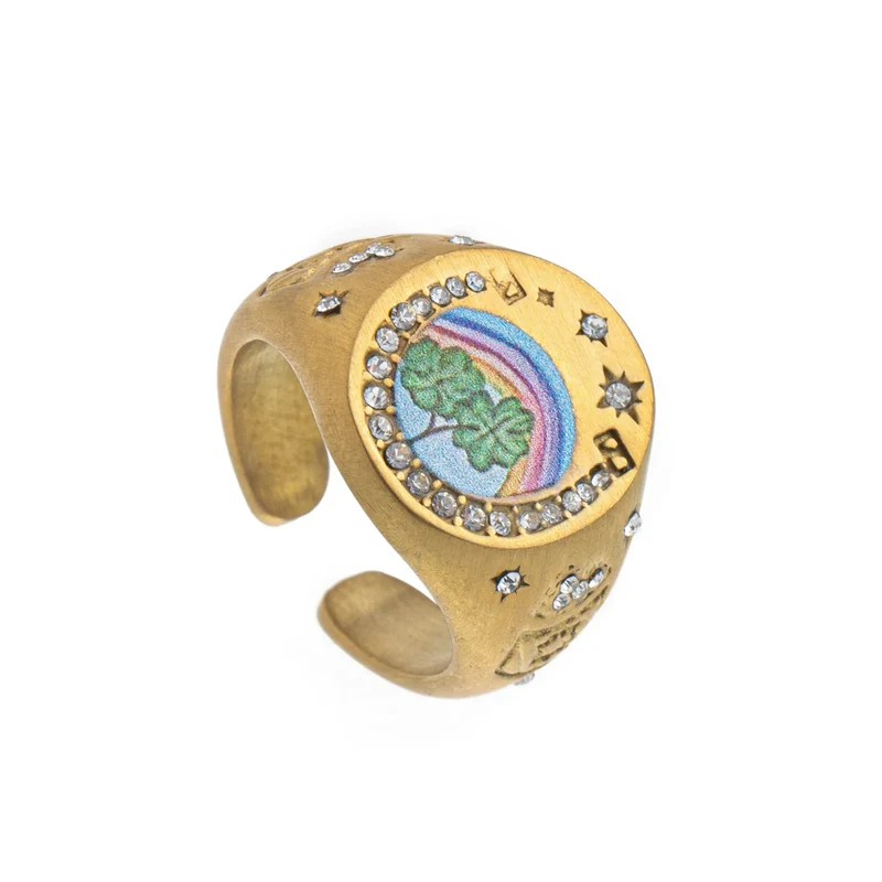 Stainless steel fashionable and popular Valentine's Day lion mermaid love painted ring with gold plating and color preservation