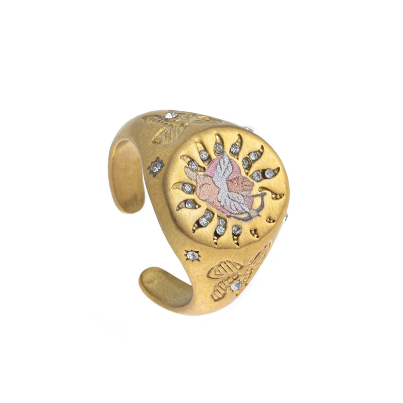 Stainless steel fashionable and popular Valentine's Day lion mermaid love painted ring with gold plating and color preservation