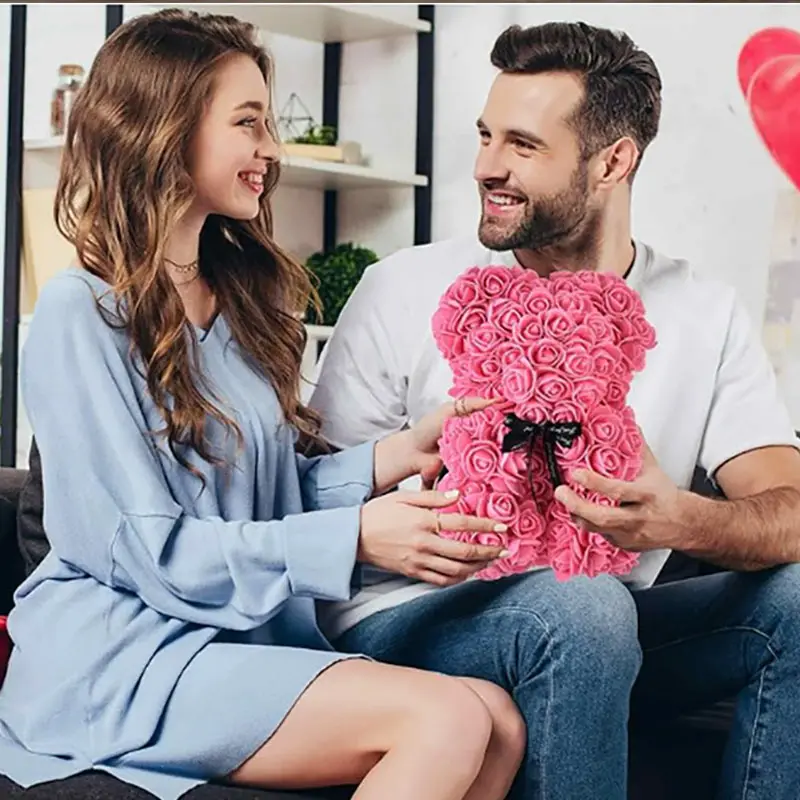 Hot 25cm Foam Rose Bear Desktop Ornament Gift Valentine's Day Home Wedding Party Fake Flower Decoration Figurine Atmosphere Prop