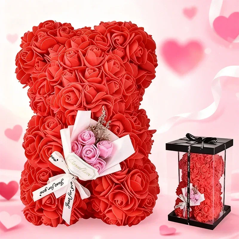 Hot 25cm Foam Rose Bear Desktop Ornament Gift Valentine's Day Home Wedding Party Fake Flower Decoration Figurine Atmosphere Prop