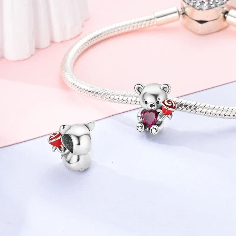 925 Silver Valentine's Day Charms Bead Sparkling Sweet Heart Rose Bear Charm Fit Original Bracelet Bangle Woman DIY Jewelry Gift