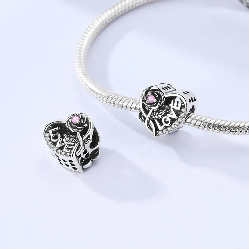 925 Silver Valentine's Day Charms Bead Sparkling Sweet Heart Rose Bear Charm Fit Original Bracelet Bangle Woman DIY Jewelry Gift