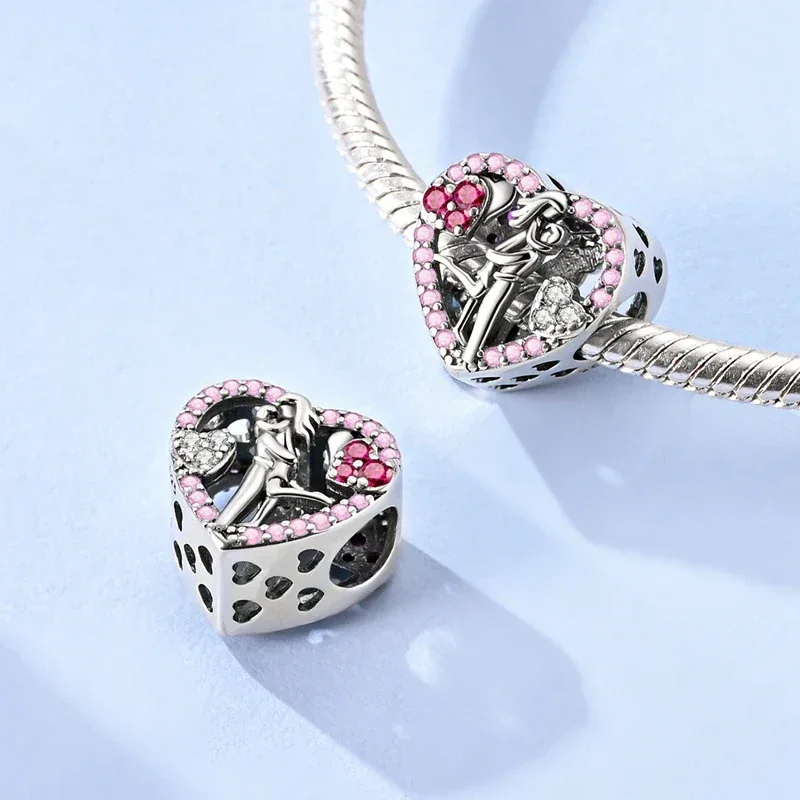 925 Silver Valentine's Day Charms Bead Sparkling Sweet Heart Rose Bear Charm Fit Original Bracelet Bangle Woman DIY Jewelry Gift
