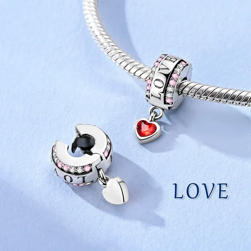 925 Silver Valentine's Day Charms Bead Sparkling Sweet Heart Rose Bear Charm Fit Original Bracelet Bangle Woman DIY Jewelry Gift