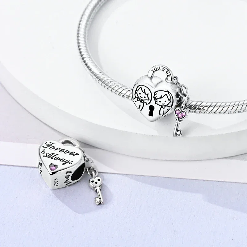 925 Silver Valentine's Day Charms Bead Sparkling Sweet Heart Rose Bear Charm Fit Original Bracelet Bangle Woman DIY Jewelry Gift