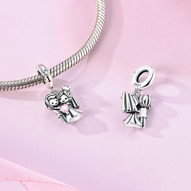 925 Silver Valentine's Day Charms Bead Sparkling Sweet Heart Rose Bear Charm Fit Original Bracelet Bangle Woman DIY Jewelry Gift