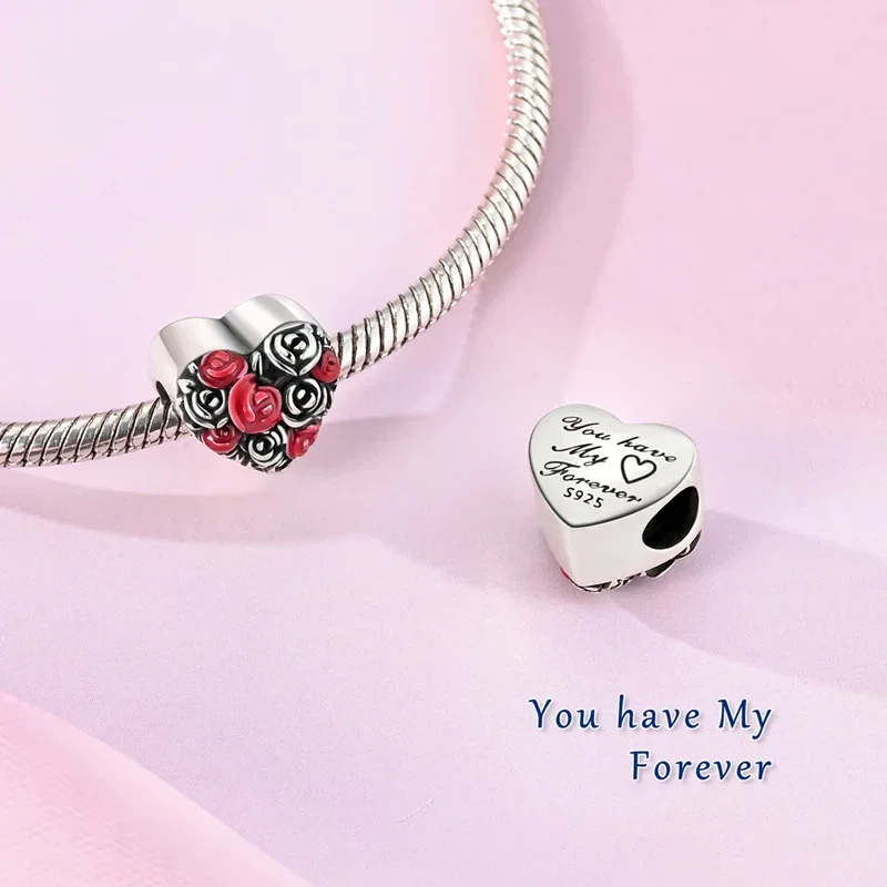 925 Silver Valentine's Day Charms Bead Sparkling Sweet Heart Rose Bear Charm Fit Original Bracelet Bangle Woman DIY Jewelry Gift