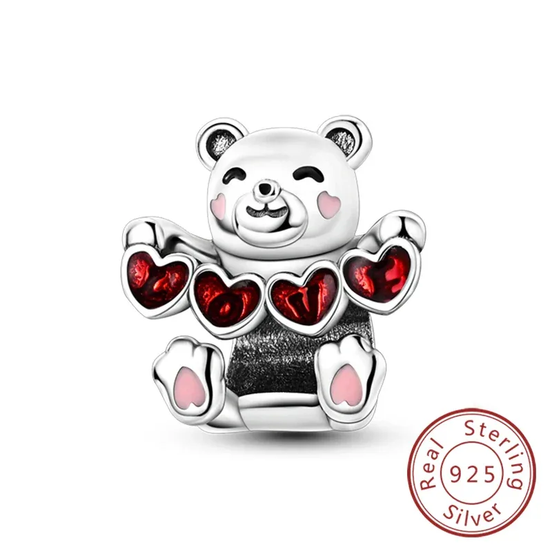 925 Silver Valentine's Day Charms Bead Sparkling Sweet Heart Rose Bear Charm Fit Original Bracelet Bangle Woman DIY Jewelry Gift