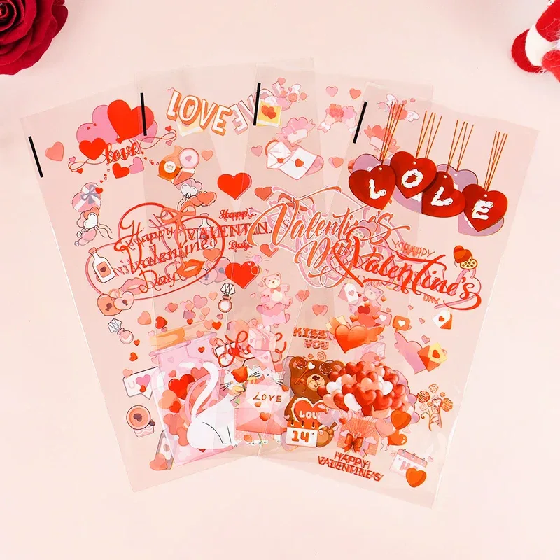 50pcs Valentine's Day Gift Bag Love Heart Plastic OPP Candy Cookie Packaging Bag Valentines Day Party Decoration Favors Supplies