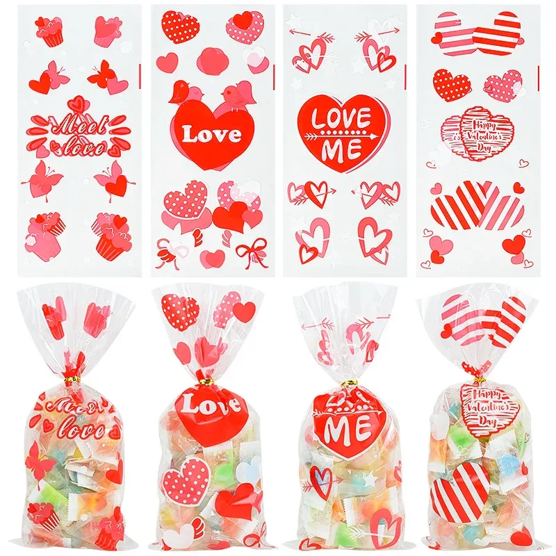 50pcs Valentine's Day Gift Bag Love Heart Plastic OPP Candy Cookie Packaging Bag Valentines Day Party Decoration Favors Supplies