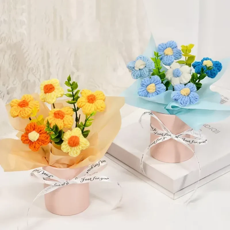 DTCTK Knitted Flower Bouquet Crochet Rose Flowers Hugging Bucket Christmas Gifts Living Room Desk Decoration Valentine's Day Gif