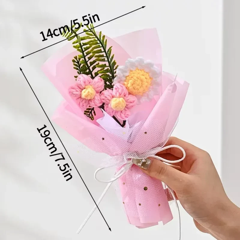 DTCTK Knitted Flower Bouquet Crochet Rose Flowers Hugging Bucket Christmas Gifts Living Room Desk Decoration Valentine's Day Gif