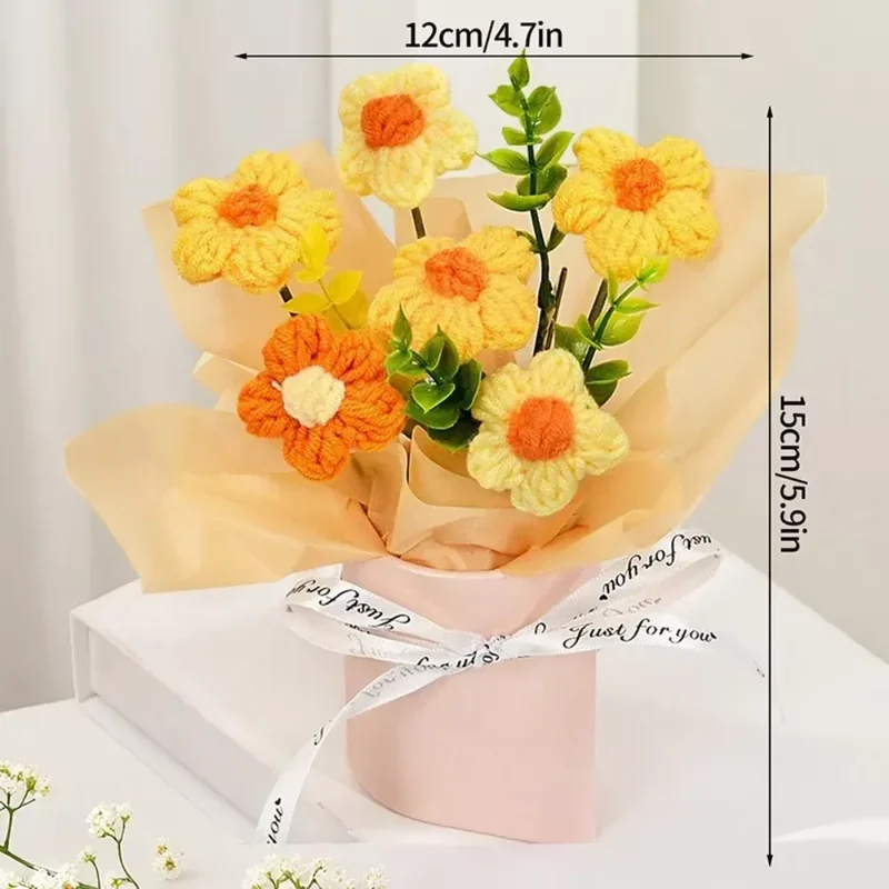 DTCTK Knitted Flower Bouquet Crochet Rose Flowers Hugging Bucket Christmas Gifts Living Room Desk Decoration Valentine's Day Gif