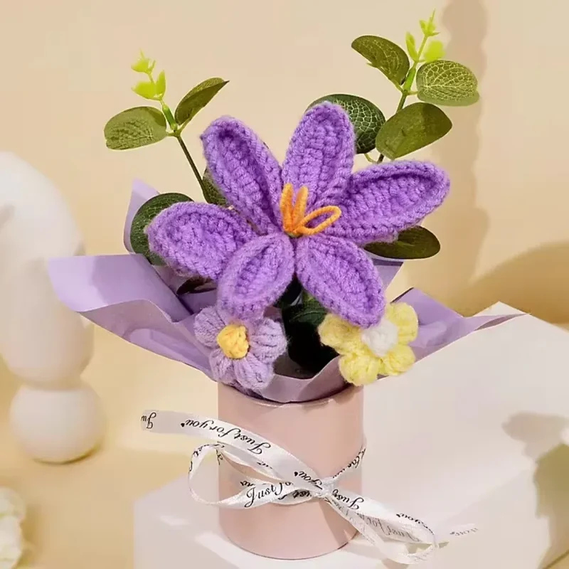 DTCTK Knitted Flower Bouquet Crochet Rose Flowers Hugging Bucket Christmas Gifts Living Room Desk Decoration Valentine's Day Gif