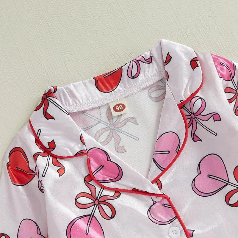 Kids Girls Valentine's Day Printed Pajamas Set Sweet Heart Print Long Sleeve Tops and Elastic Band Pants 2Piece Child Loungewear