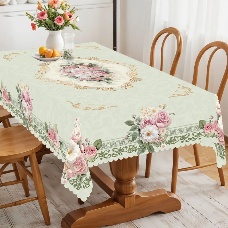 1 Piece, Elegant Retro Style Pink Rose Theme Tablecloth + 4 Self-Adhesive Stickers, Wedding Atmosphere Decoration, Embossed Edges, Suitable for Home Kitchen, Living Room Dining Table Balcony Coffee Table, Holiday Party Holida