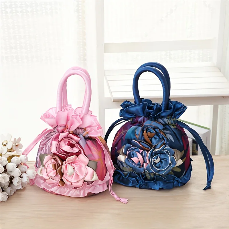 Floral Decor Drawstring Handbag, Trendy Small Evening Bag, Simple Phone Bag, Cute Bucket Bag