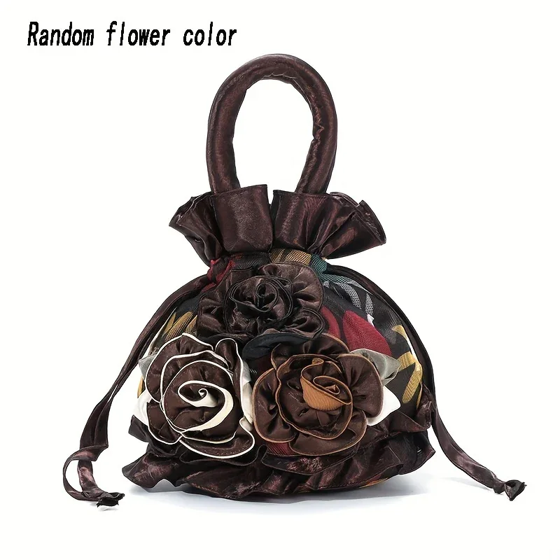 Floral Decor Drawstring Handbag, Trendy Small Evening Bag, Simple Phone Bag, Cute Bucket Bag