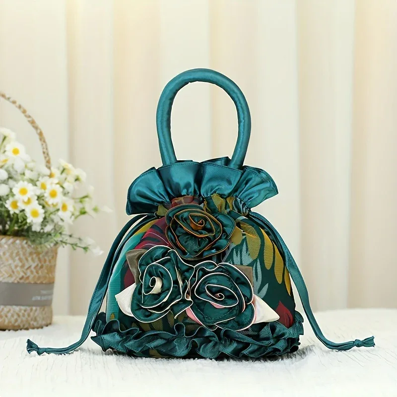Floral Decor Drawstring Handbag, Trendy Small Evening Bag, Simple Phone Bag, Cute Bucket Bag